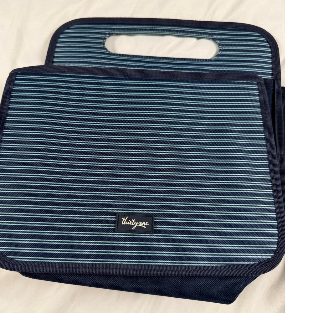 Thirty-One Double Duty Caddy Navy Blue Striped Anchor Nautical Utility Tote Bag - Picture 4 of 7